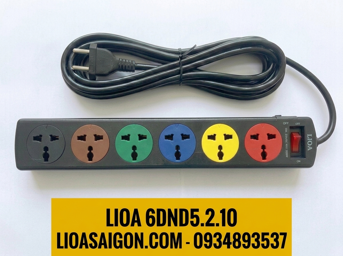 Ổ Cắm LiOA 6DND5.2.10 (6 Lỗ - 5m - 10A) Đa Năng Có CB